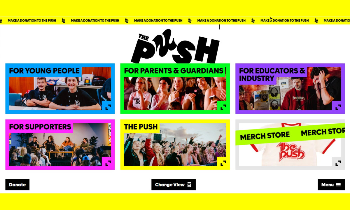 A high-contrast yellow website grid showing various color-coded category boxes for programs, events, and a merchandise store.