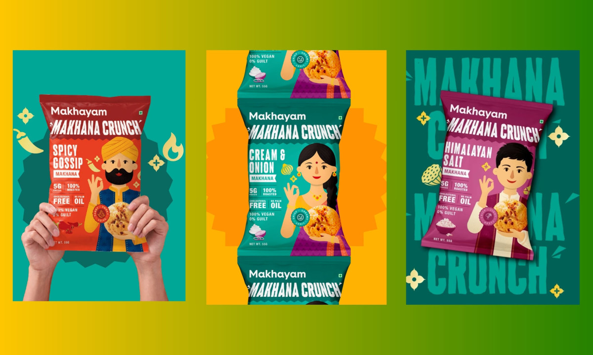 Three vertical posters display individual snack bags for "Spicy Gossip," "Cream & Onion," and "Himalayan Salt" flavors against contrasting backgrounds