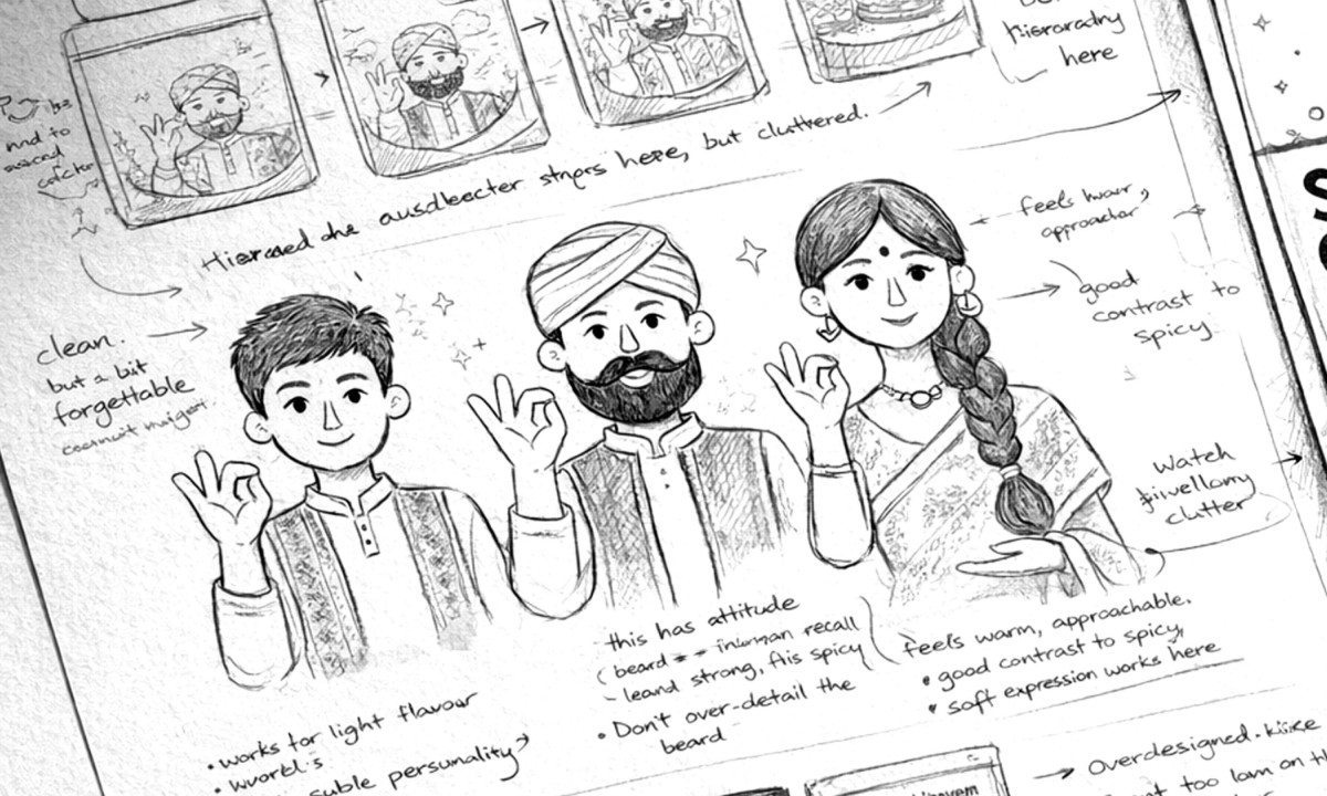 A black and white sketchbook page shows hand-drawn illustrations of the brand's characters with design notes and feedback