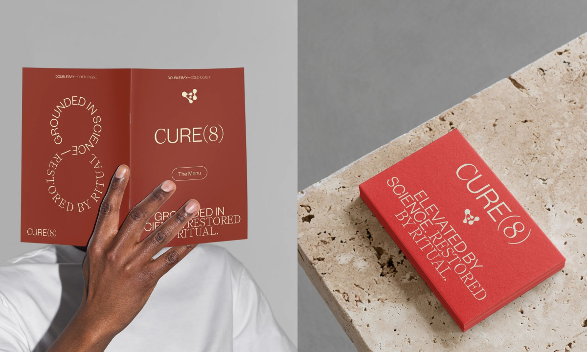 A split image shows a person holding a red Cure8 brochure on the left and a stack of red business cards on a sandstone block on the right.