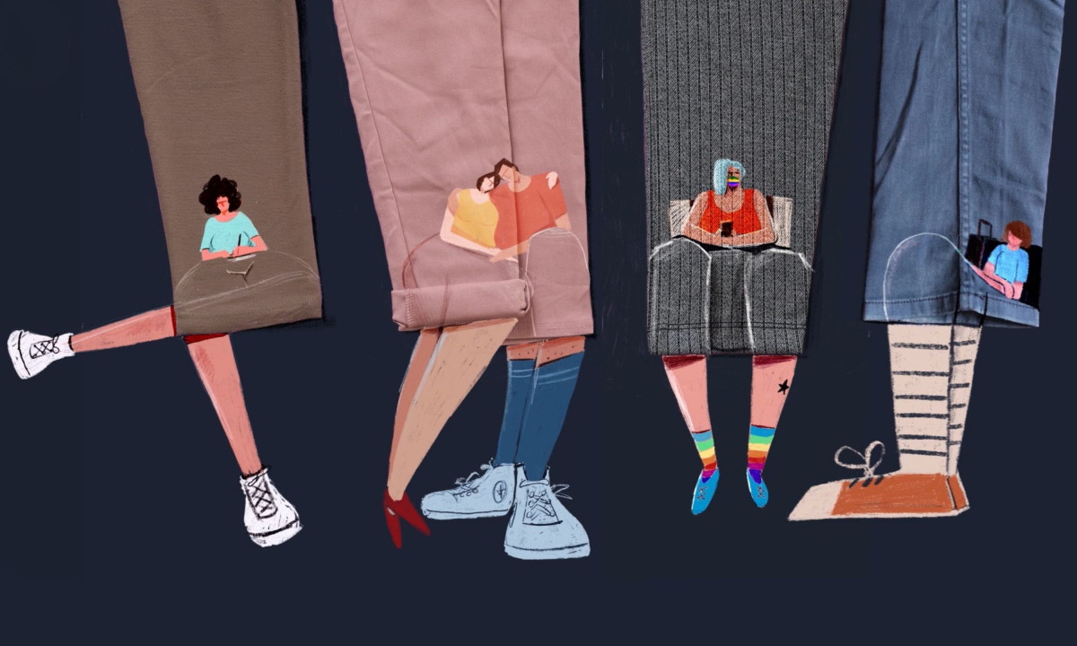 Four sets of legs wearing different styles of pants feature small, hand-drawn scenes of people engaging in various activities on the fabric