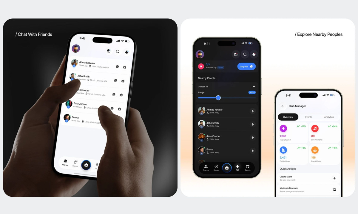 Hands hold a phone displaying a chat list and nearby people discovery screens with blue range sliders.