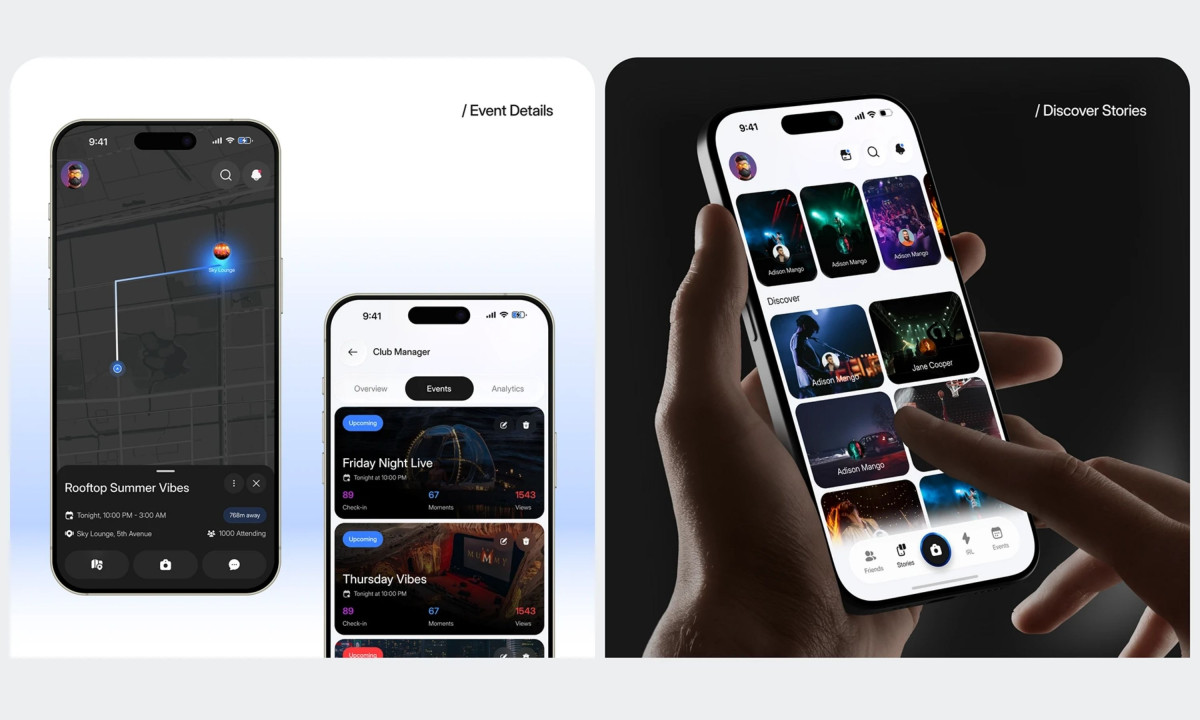 The app interface shows an event location on a dark-themed map and a grid of discoverable stories