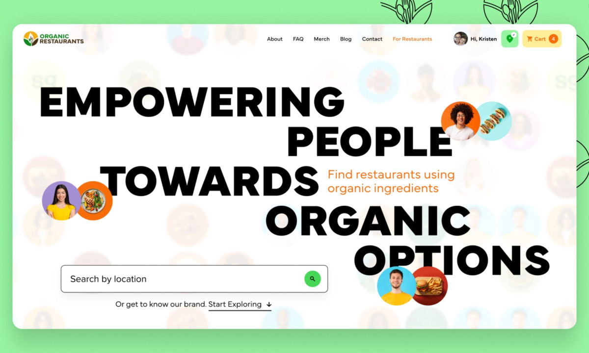 The homepage features bold typography and a location search bar over a grid of user icons.