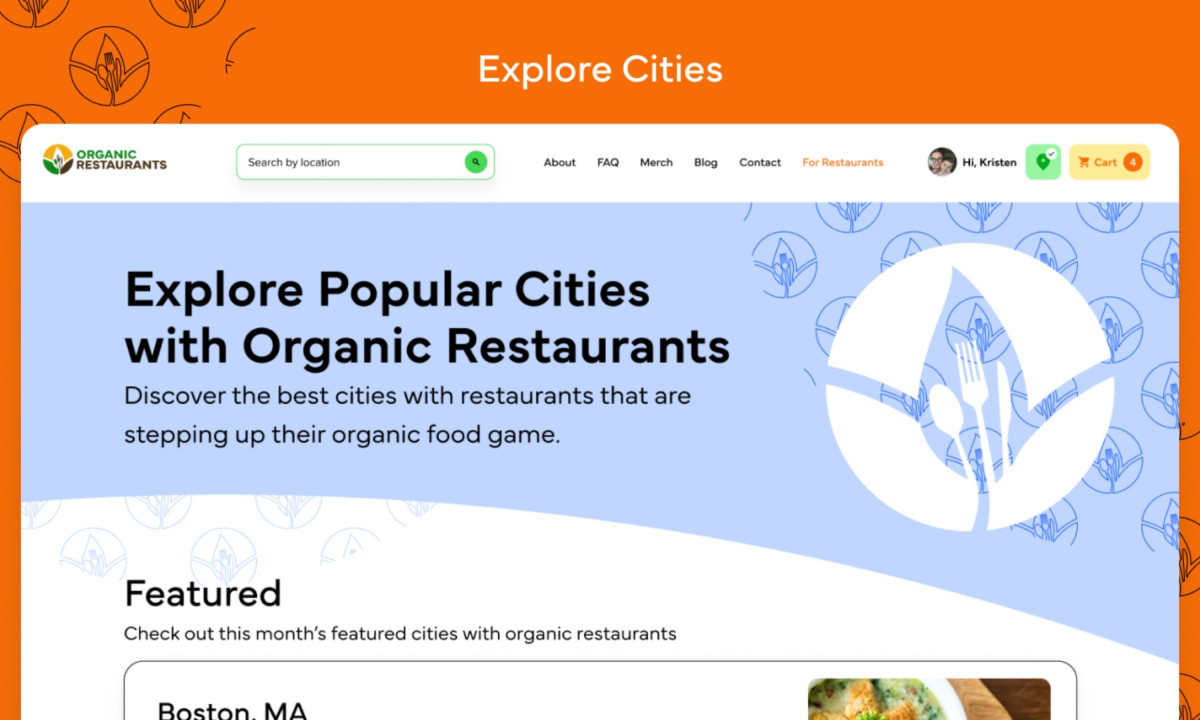 A blue-themed "Explore Popular Cities" section includes a leaf-shaped fork and spoon icon.