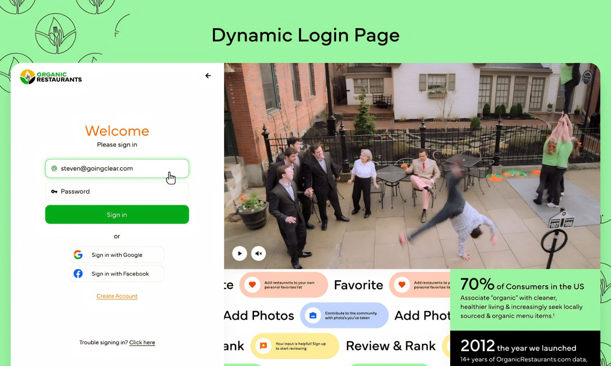 A split-screen login page pairs a sign-in form with a background video and brand statistics.