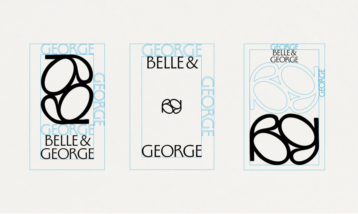 Three vertical panels display different arrangements of the lettermark and wordmark with blue alignment boxes.