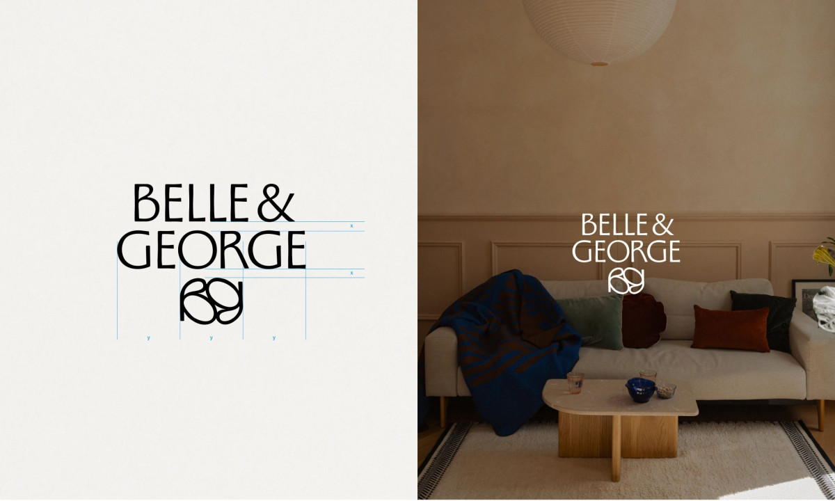 A split image shows the black logo with blue measurement guides on the left and a white version placed over a cozy living room scene on the right.