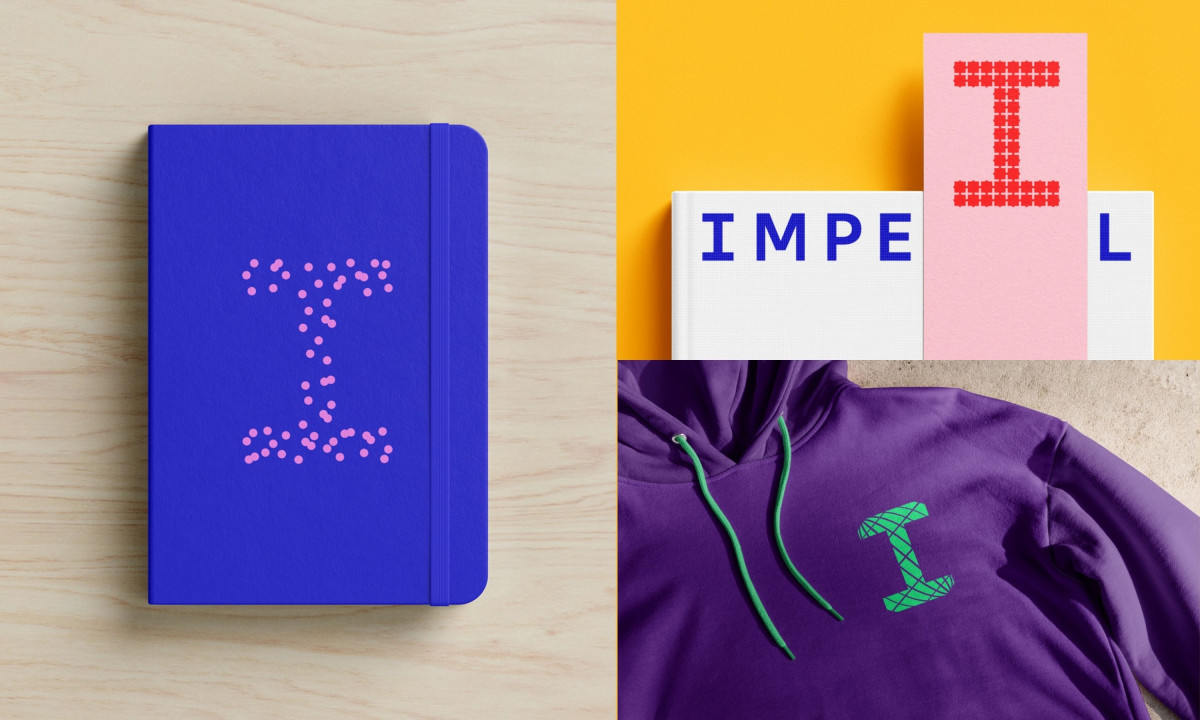 A blue notebook, a branded bookmark, and a purple hoodie showcase various interpretations of the "I" icon across different products.