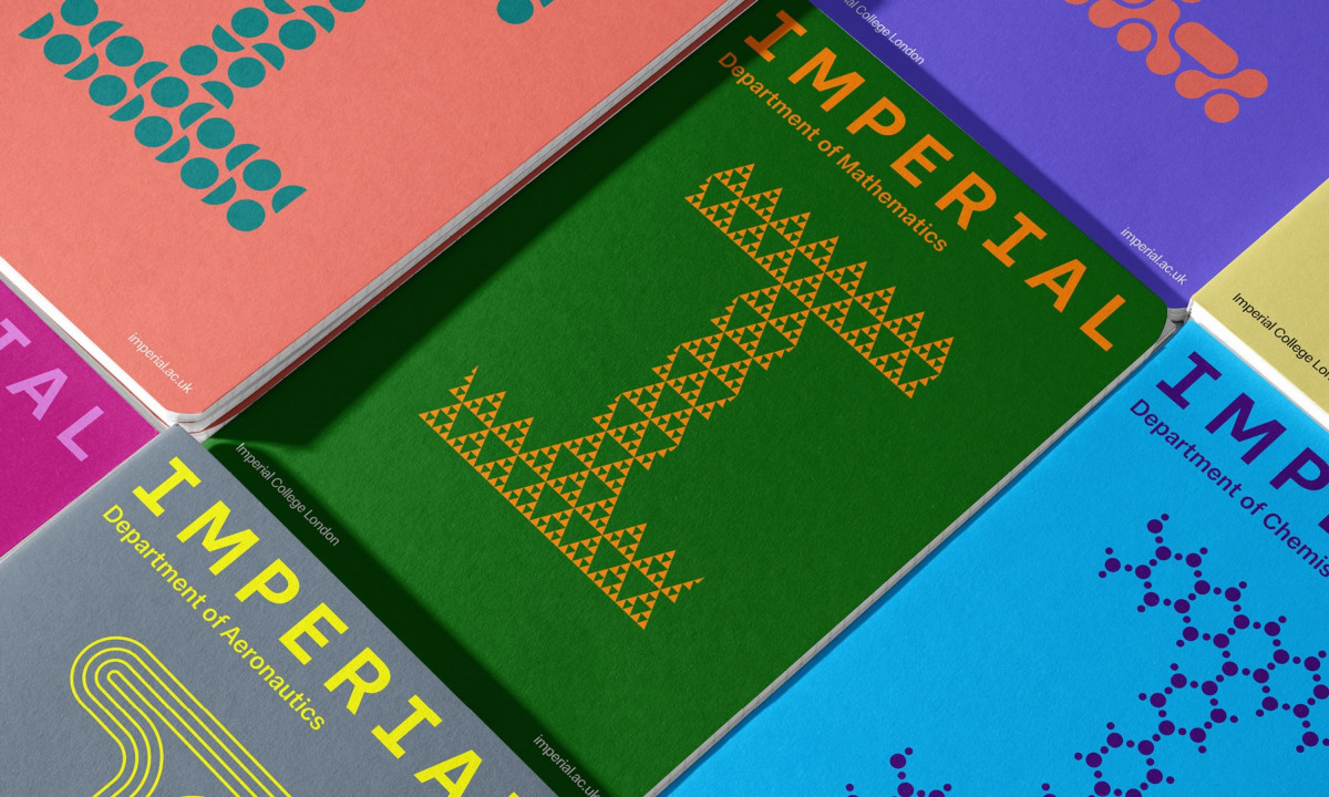 A collection of colorful notebooks shows different "Creative I" icons, including a fractal design for the Department of Mathematics.