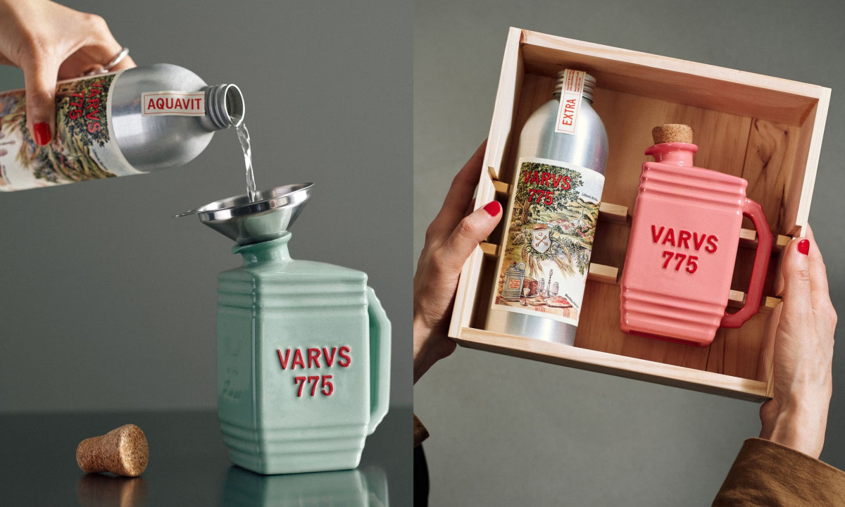 Three unique glass liquor bottles stand in a row, featuring textured labels.