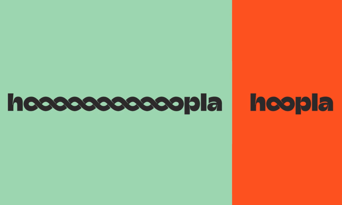 Black hoopla text expanding into an elongated infinity loop