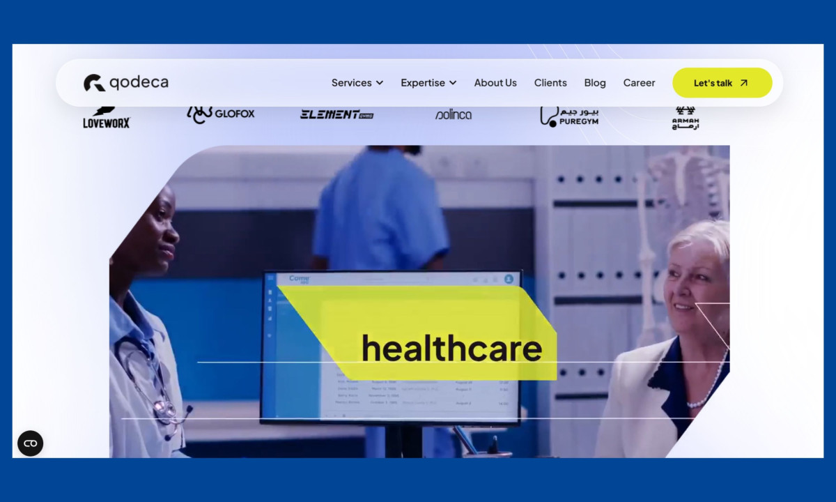 Healthcare professionals on screen below client logo banner.
