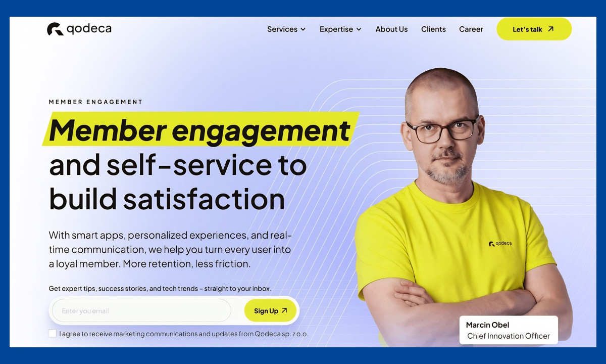 Man stands beside member engagement and self-service text.