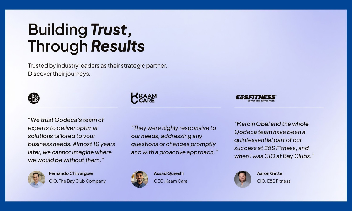 Three client testimonials from Bay Club, Kaam Care, EOS.