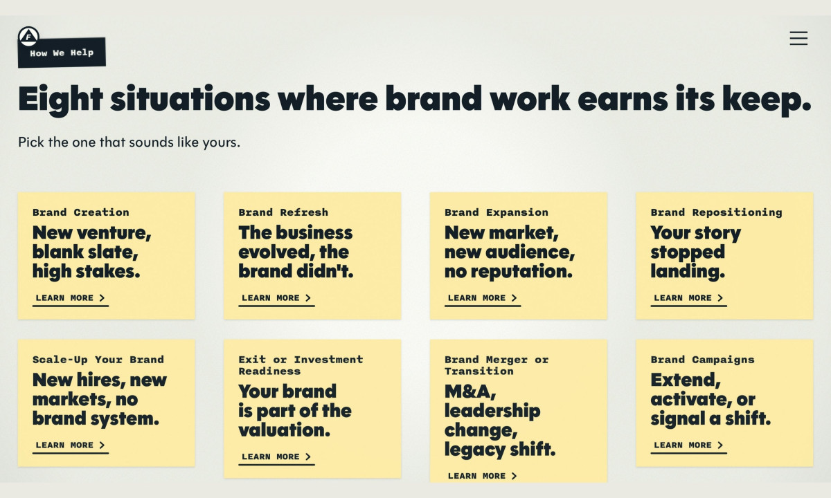 Webpage section titled "Eight situations where brand work earns its keep" with eight yellow cards describing different branding scenarios.