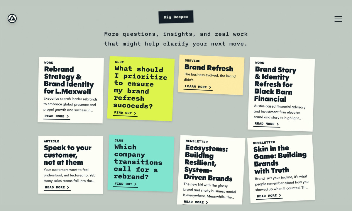 Webpage section titled "Dig Deeper" showing a scattered arrangement of colored cards linking to various case studies and articles.