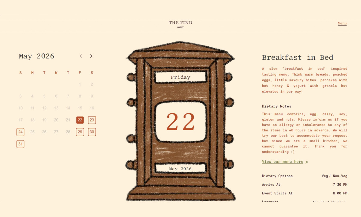 Hand-drawn calendar interface displaying a Breakfast in Bed event for May 22, 2026.