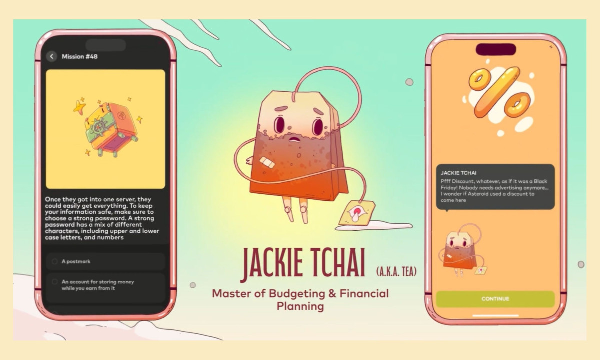 Mobile app screen displaying a multiple-choice quiz question in Georgian, featuring a colorful 3D cartoon character.