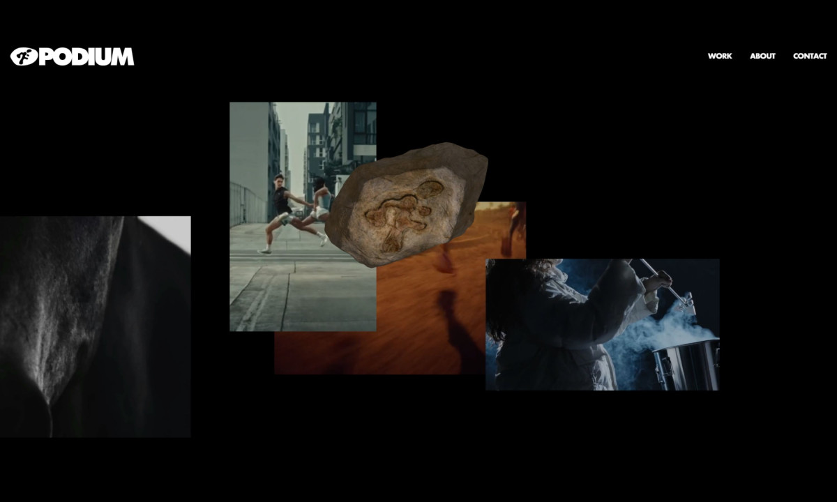 Homepage presents scattered visual media against dark backgrounds.
