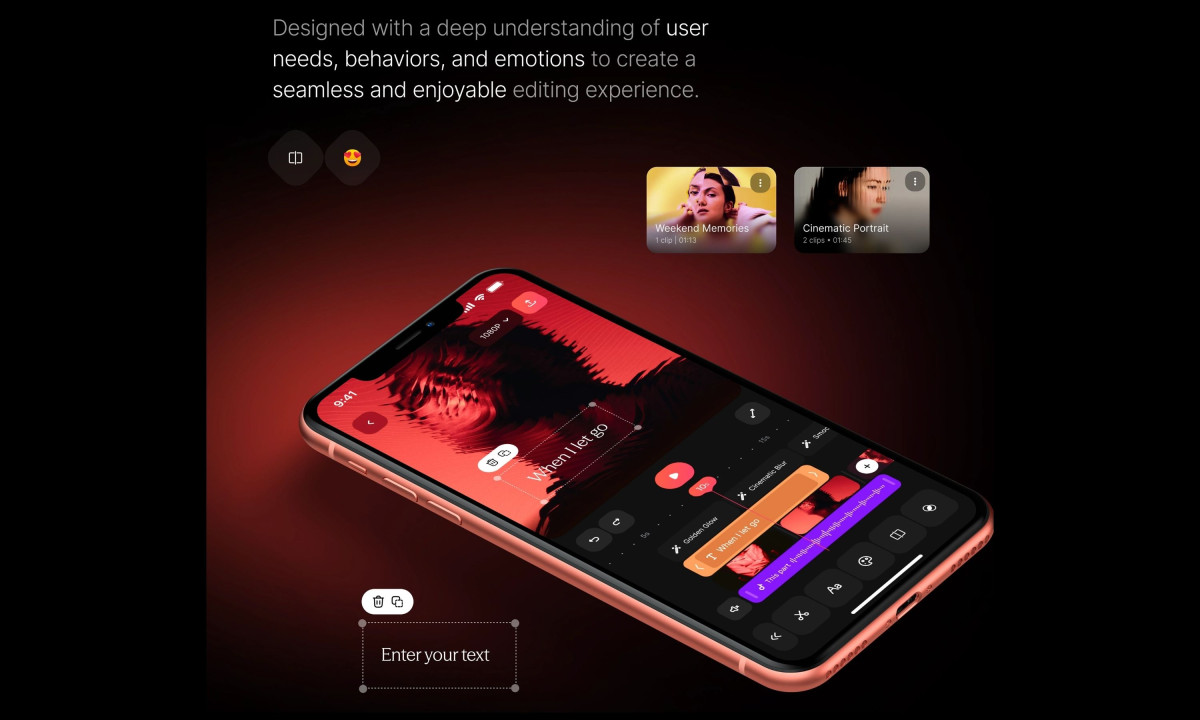 Angled phone reveals a video editing app timeline.