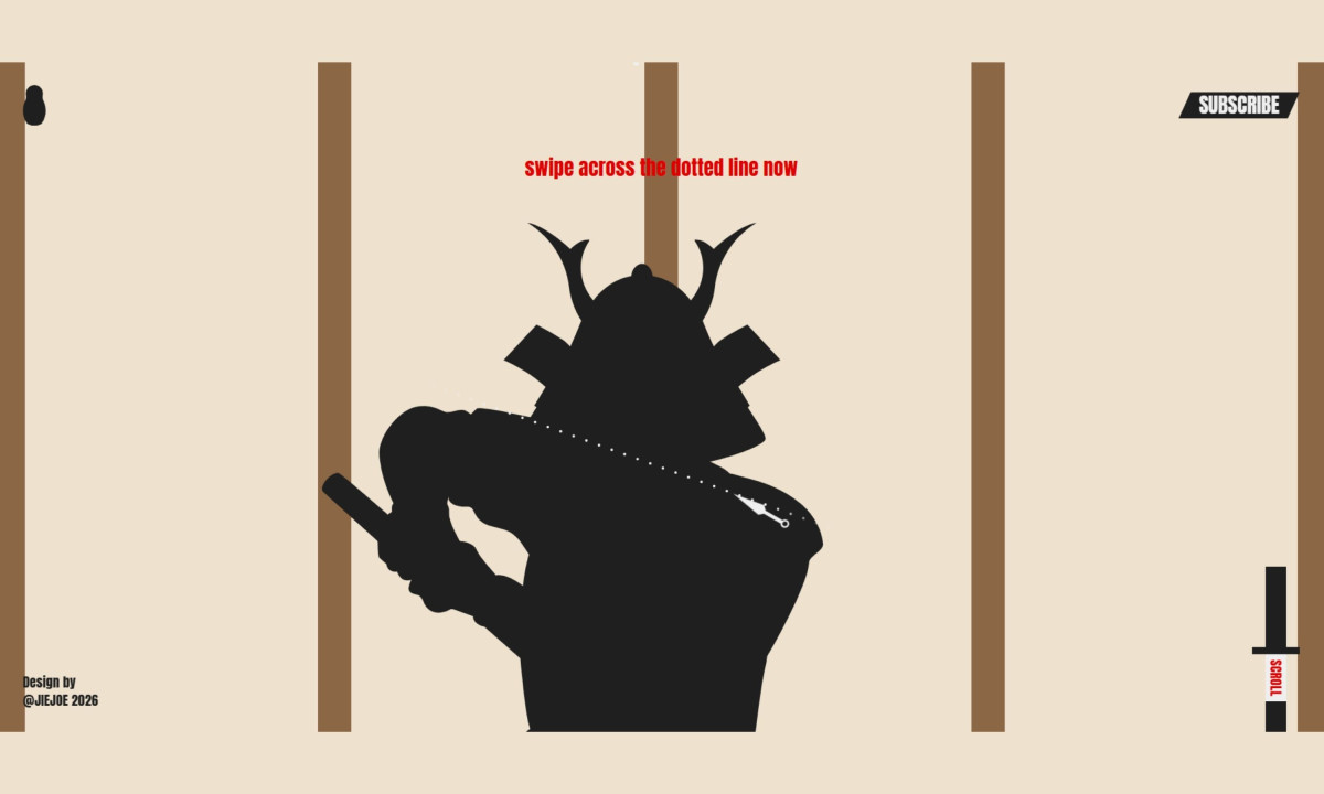 Beige webpage features a black samurai silhouette and text