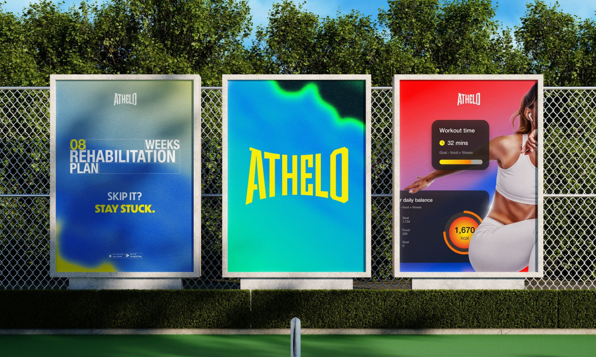 Three outdoor posters display athletic branding and app interfaces.