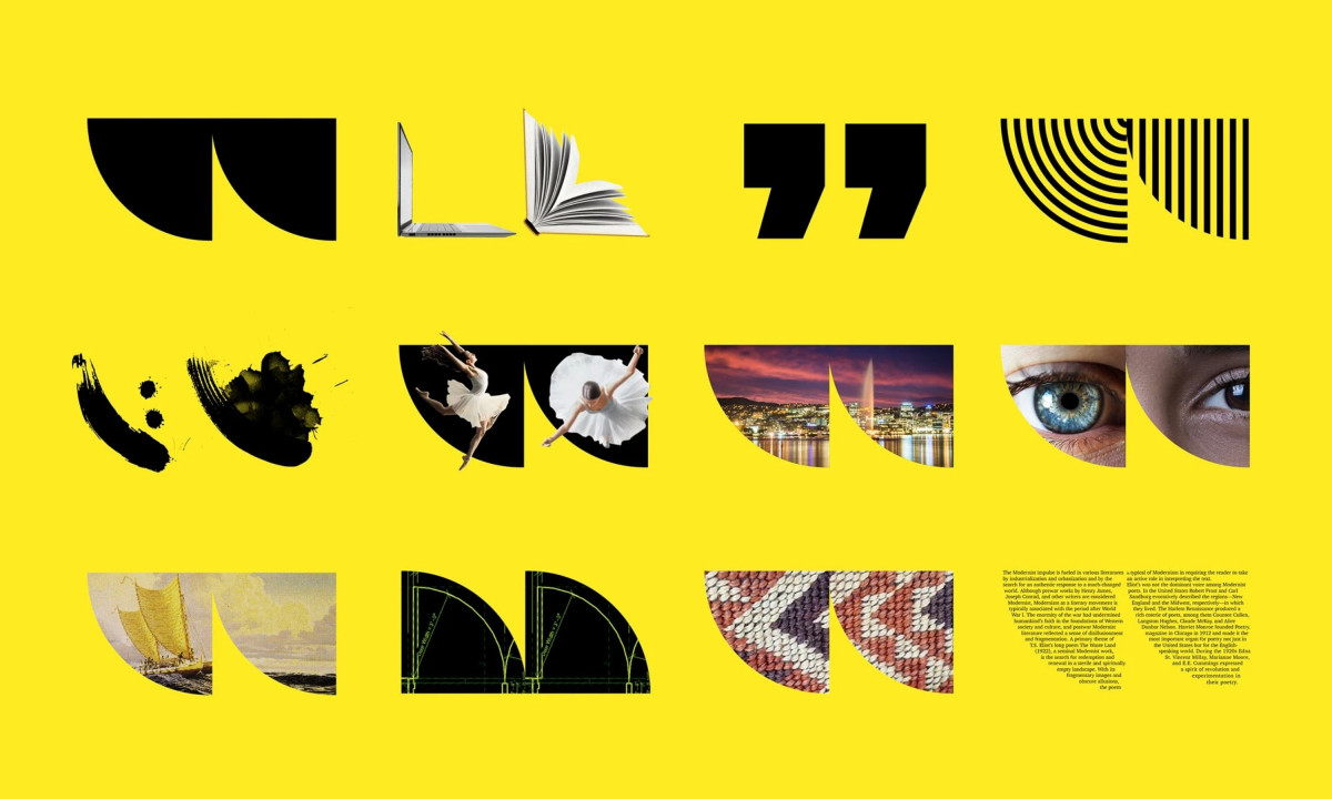 Twelve panels display graphic shape variations on yellow.