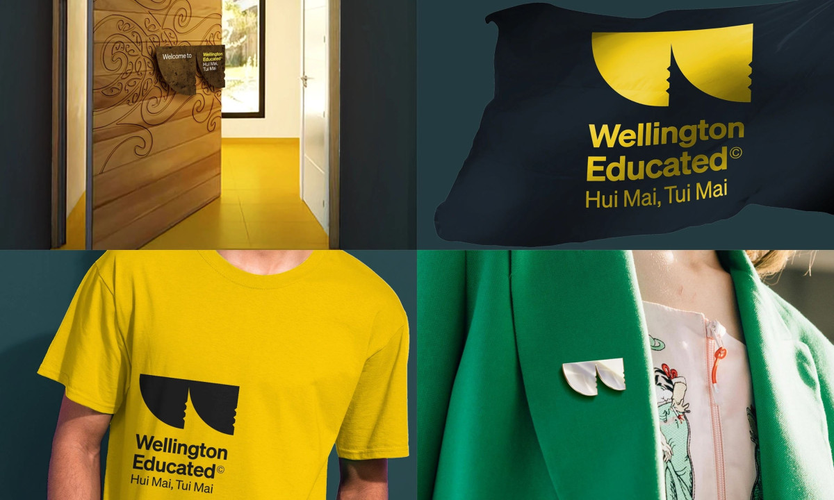 Four panels show black logos on diverse surfaces.