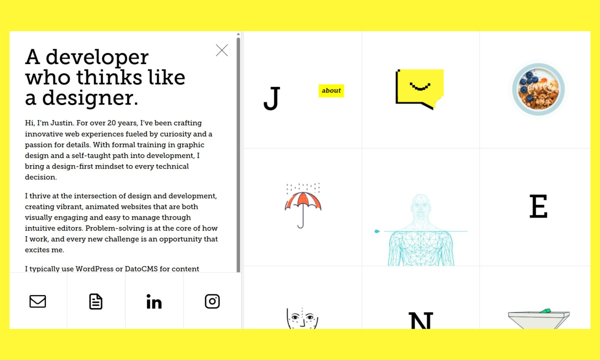 Website features Justin's biography beside a structured graphical grid.