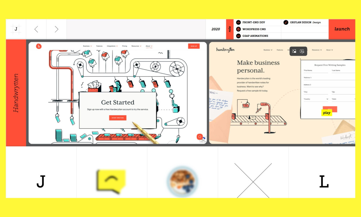 Webpage showcases development details and illustrated screens for Handwrytten.