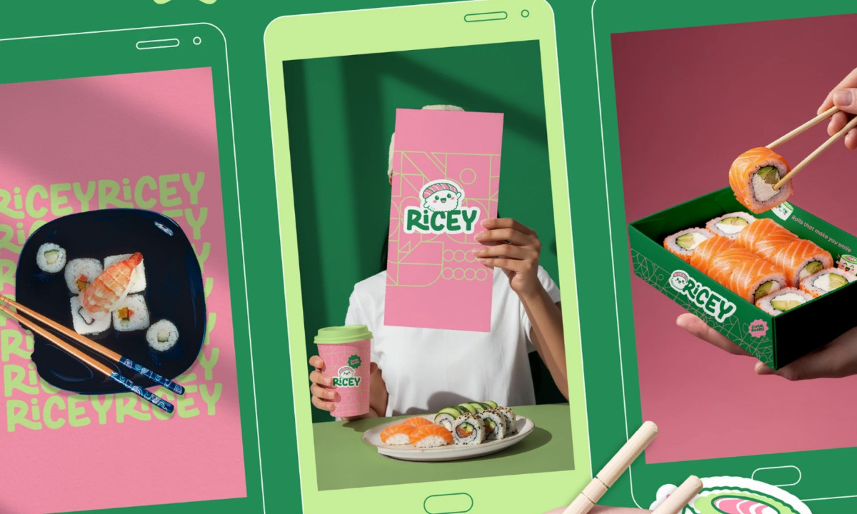 Three phone screens display colorful branded sushi photography.