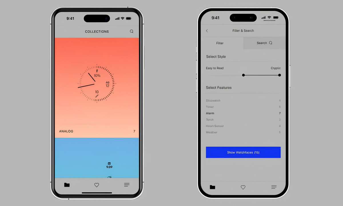 Mobile app interface shows watch collections and search settings.
