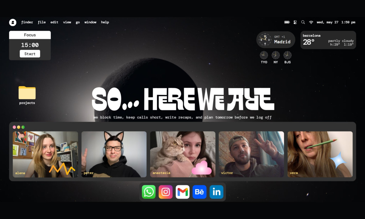Stylized desktop screen displays a virtual team meeting.
