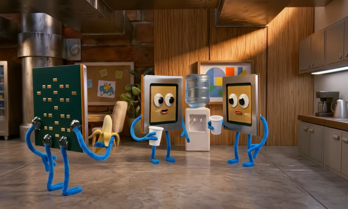 Three computer chip characters converse in a miniature kitchen.
