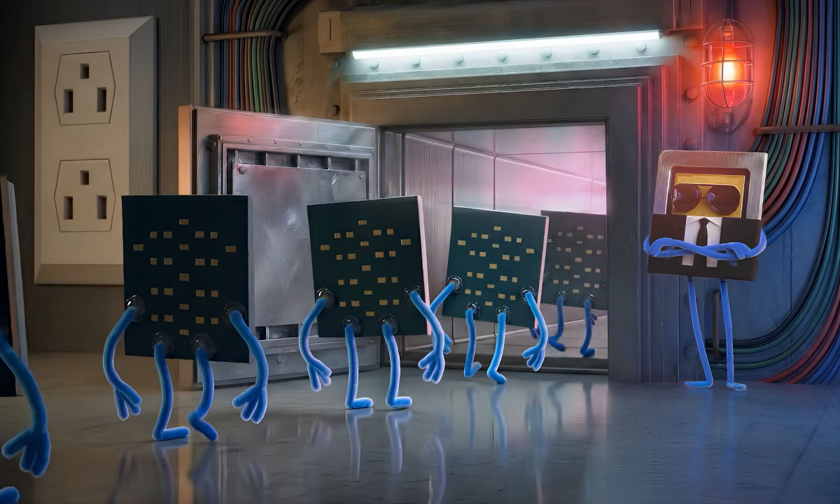 Sunglass-wearing chip guards a line of walking characters.