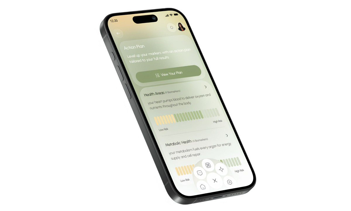 App dashboard displays personalized biomarker tracking metrics.