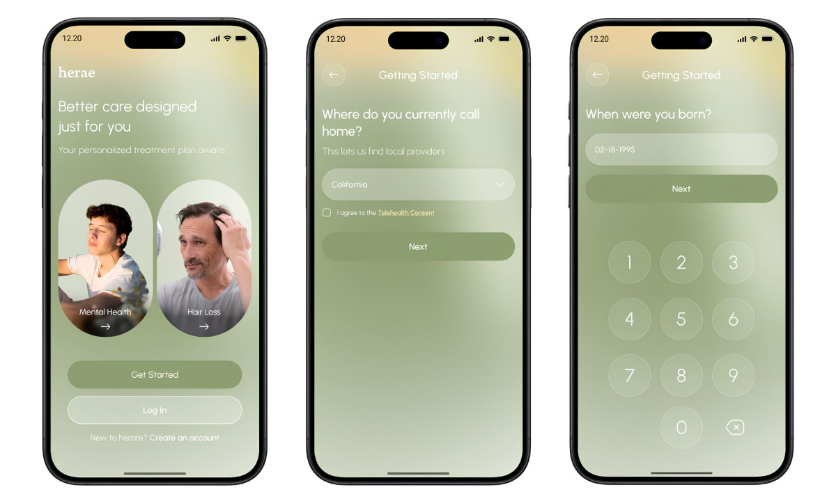 Three smartphone screens display the app onboarding process.