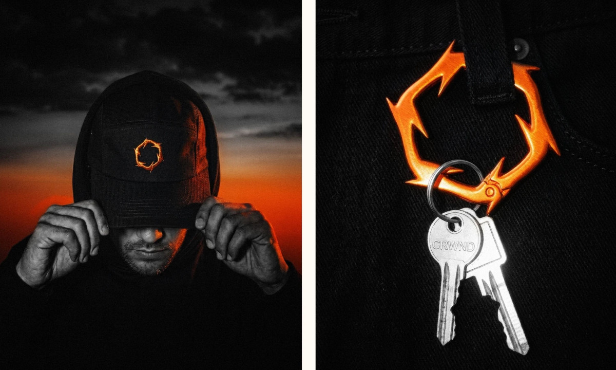 Photographs showcase the logo icon on apparel accessories.