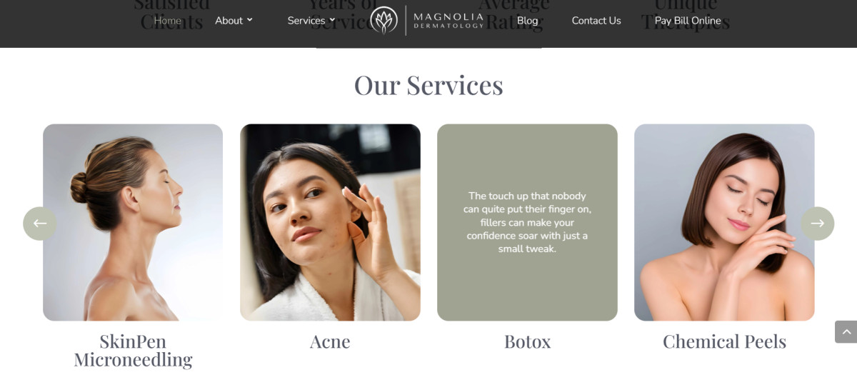 Interactive slider displays dermatology service image cards.