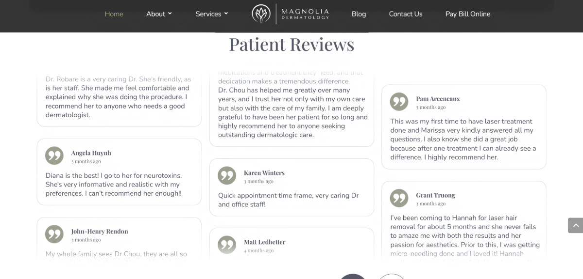Grid layout shows formatted patient testimonials.