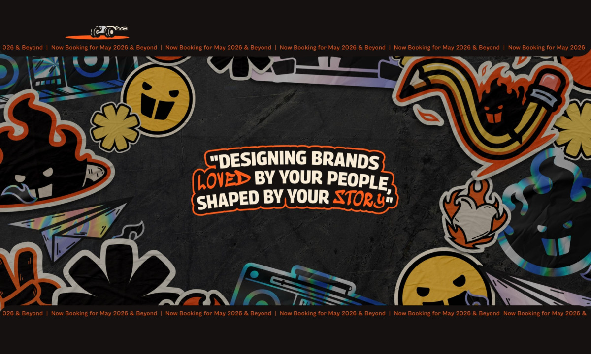 Colorful sticker graphics surround a bold central brand message.