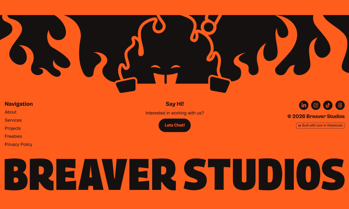 Orange webpage footer displays navigation links and social icons.