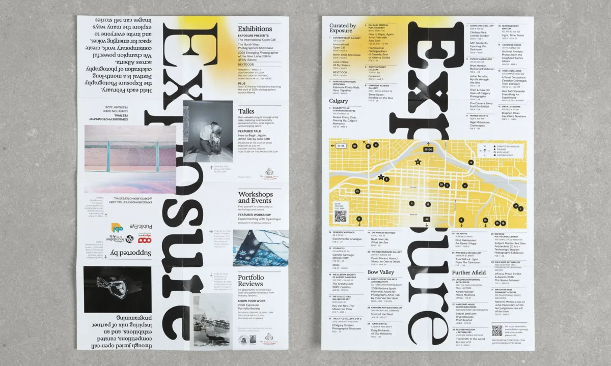 Printed exhibition brochure displays bold typography and detailed schedules.