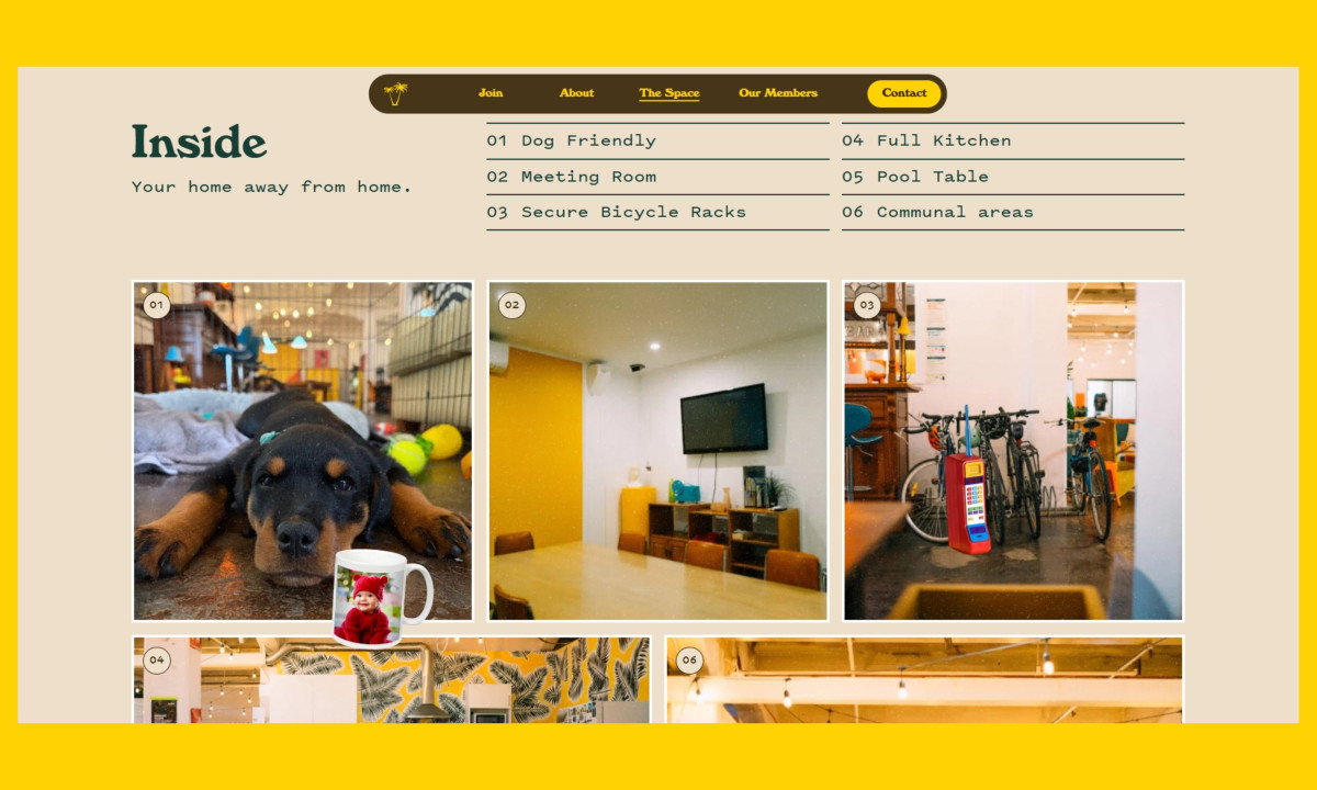 Photo grid showcases dog-friendly and communal office features.