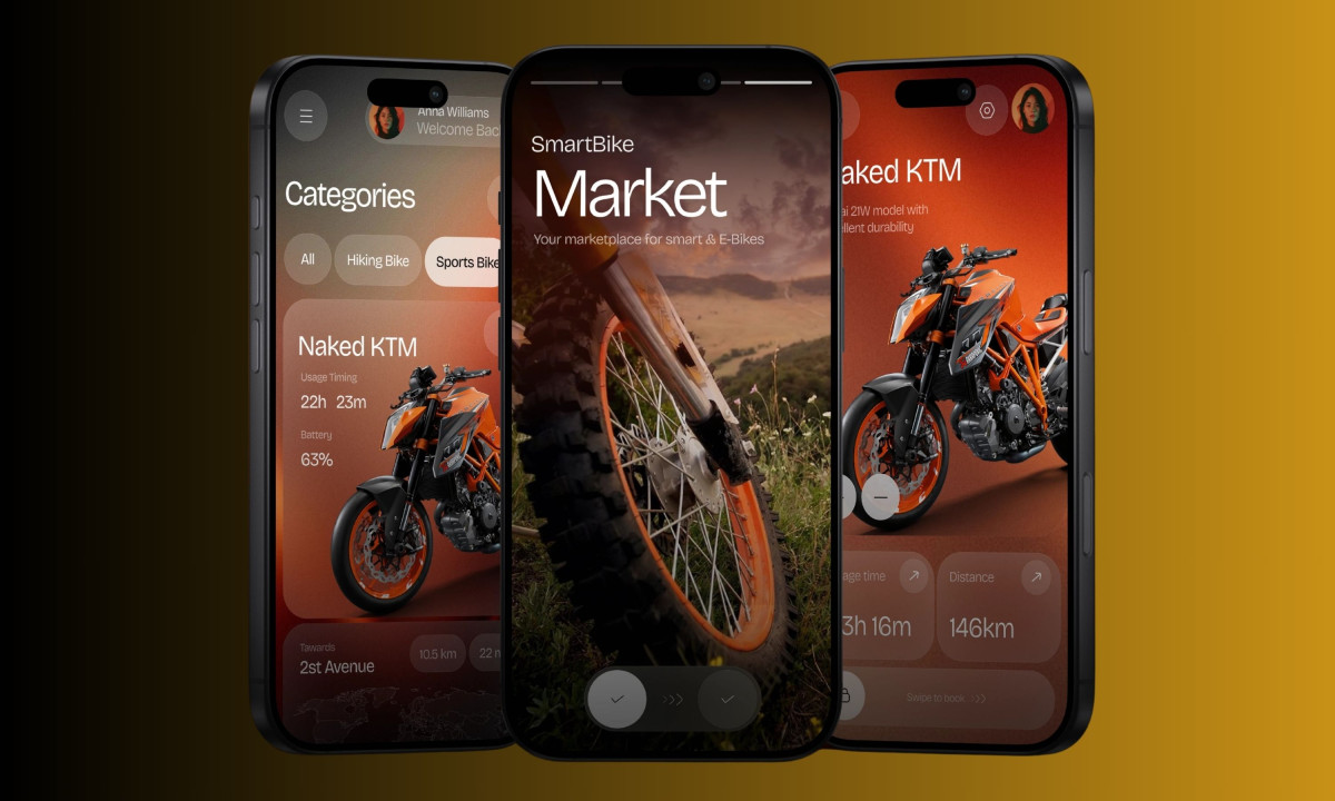 Three smartphones display the SmartBike Market interface.
