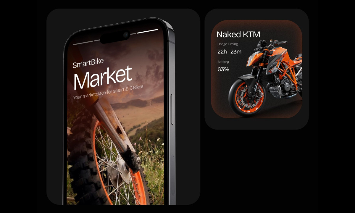 Digital app panel shows a motorcycle with battery statistics.