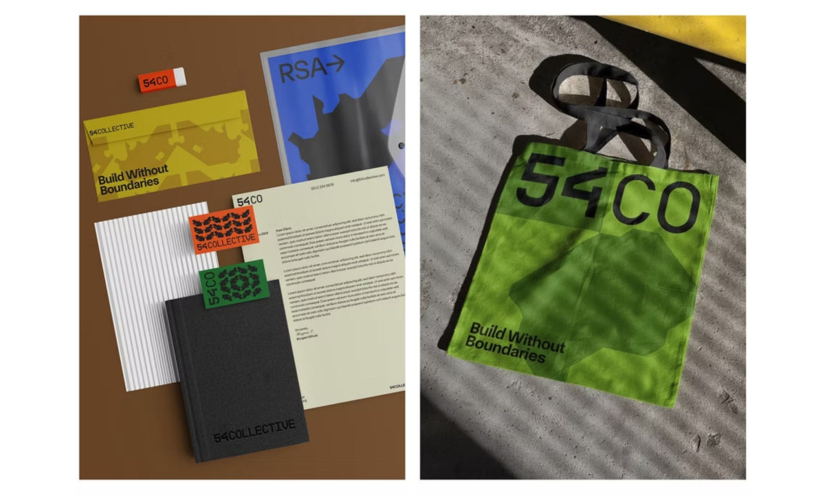 Mockups display custom corporate stationery and a green tote.