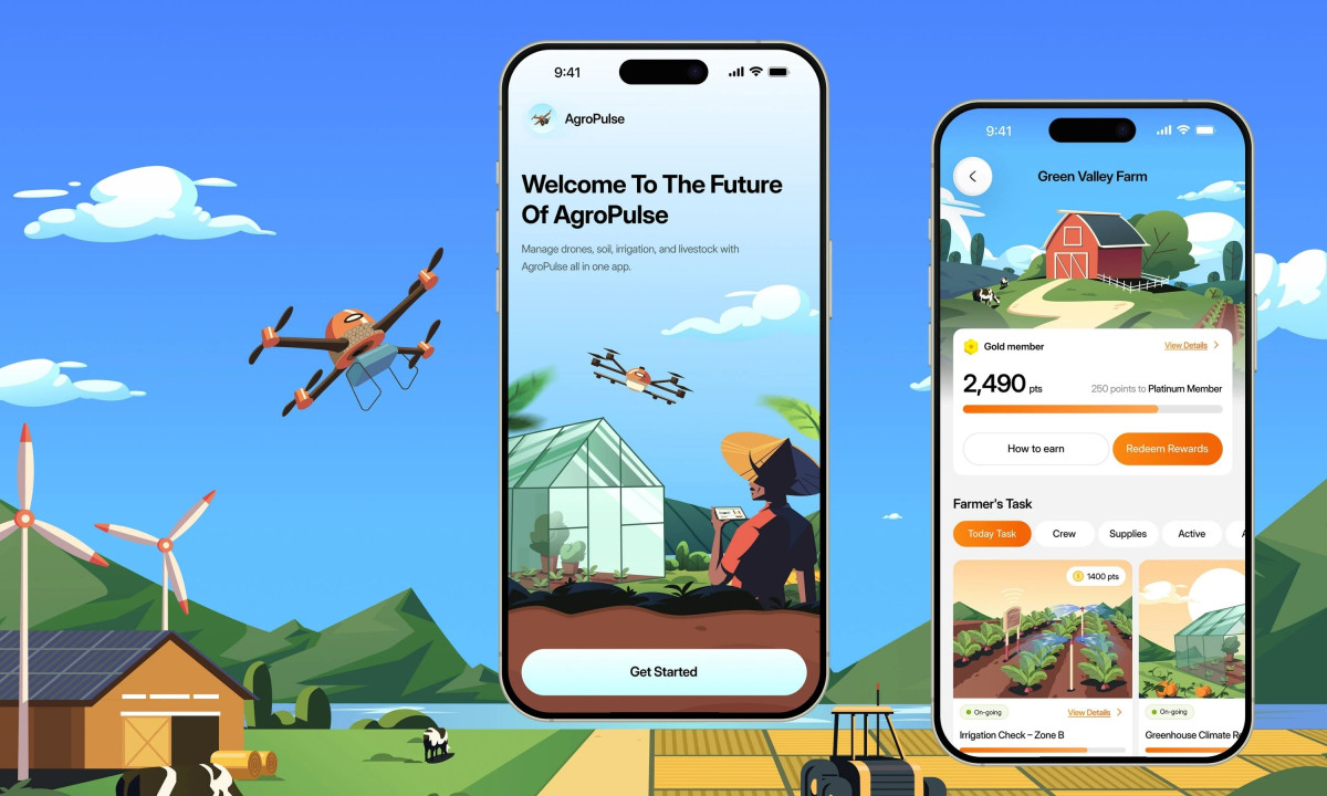Smartphones display farming app screens against a rural background.
