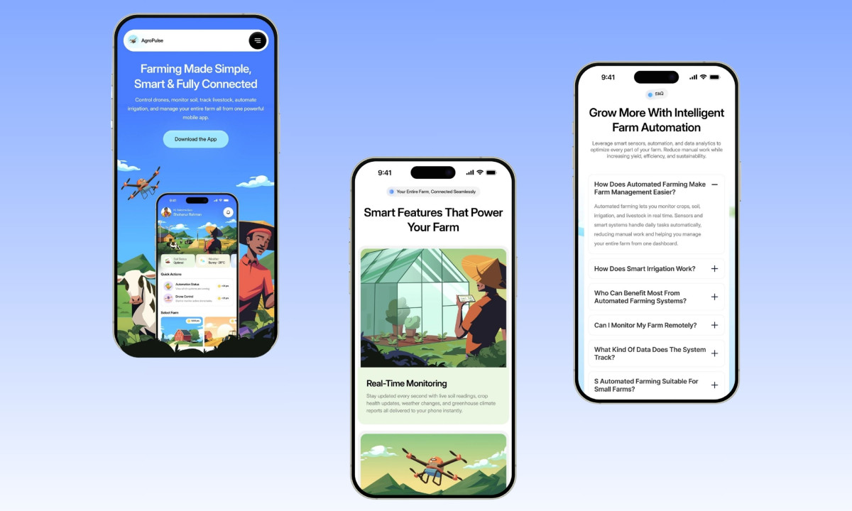 Three smartphones display farming app features and FAQs.